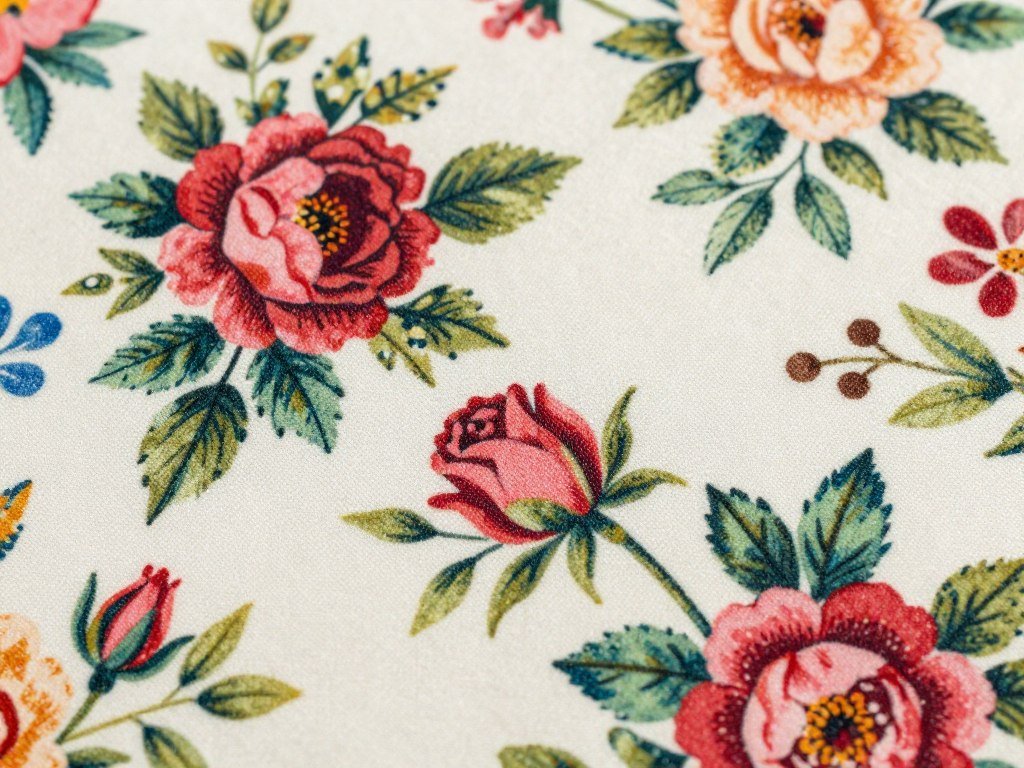 close-up of botanical print curtain fabric showing detailed floral pattern