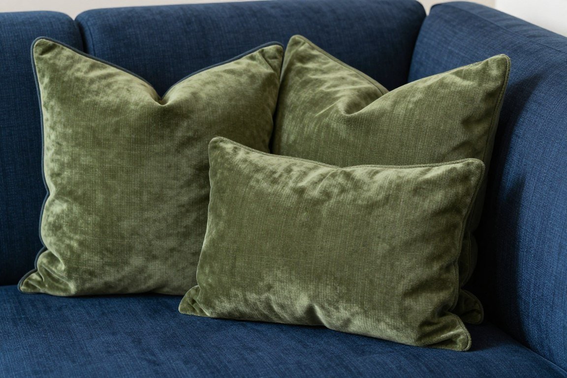 close-up of olive pillows on deep blue sofa