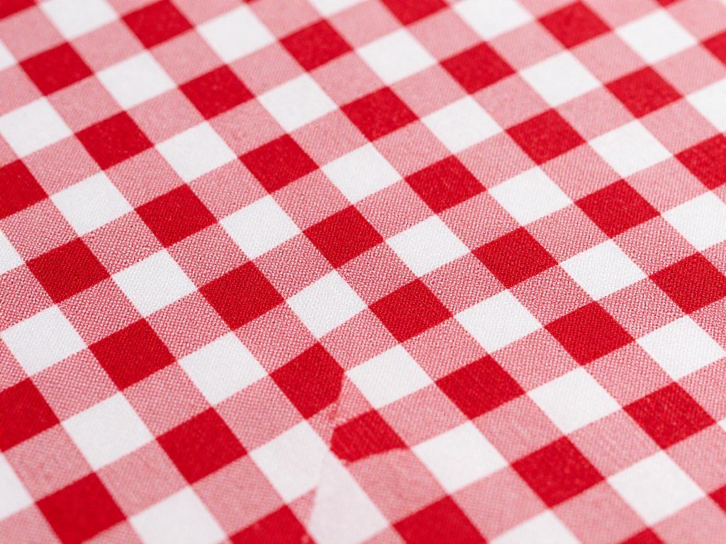 close-up of red and white gingham check curtain fabric pattern