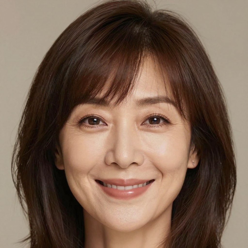 close-up of woman over 50 with curtain bangs framing face