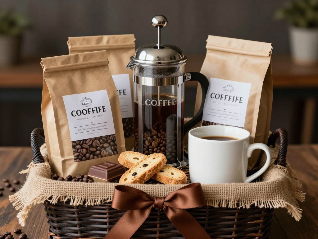 coffee themed gift basket with french press and gourmet beans