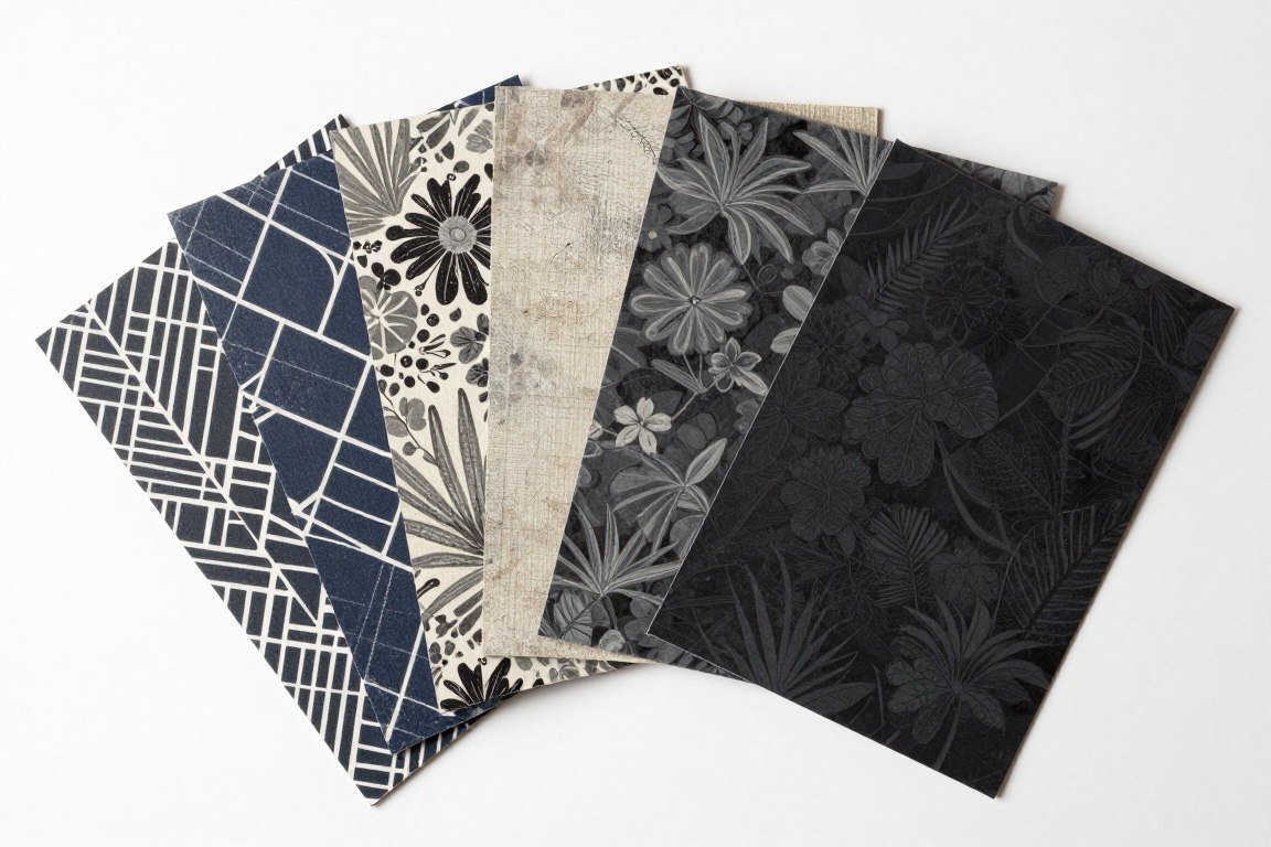 collection of dark peel and stick wallpaper samples in various patterns