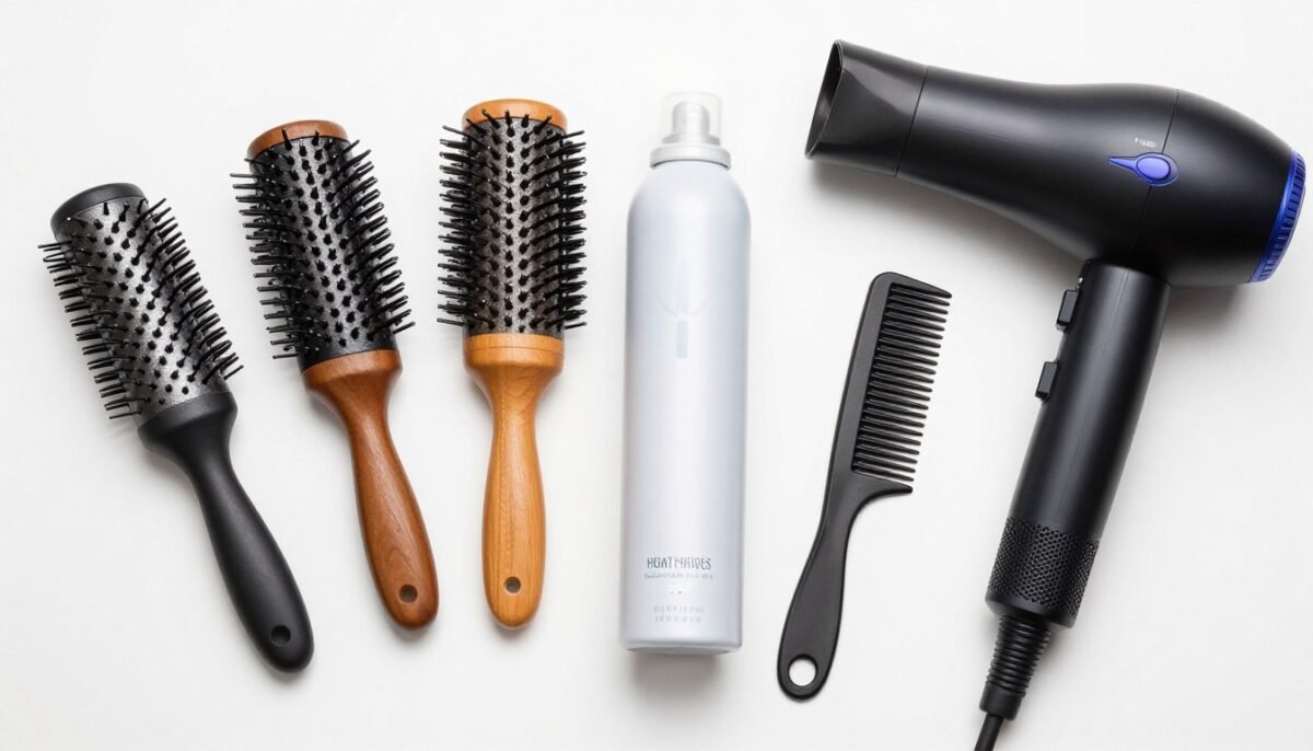 collection of professional hair styling tools and products for mature women