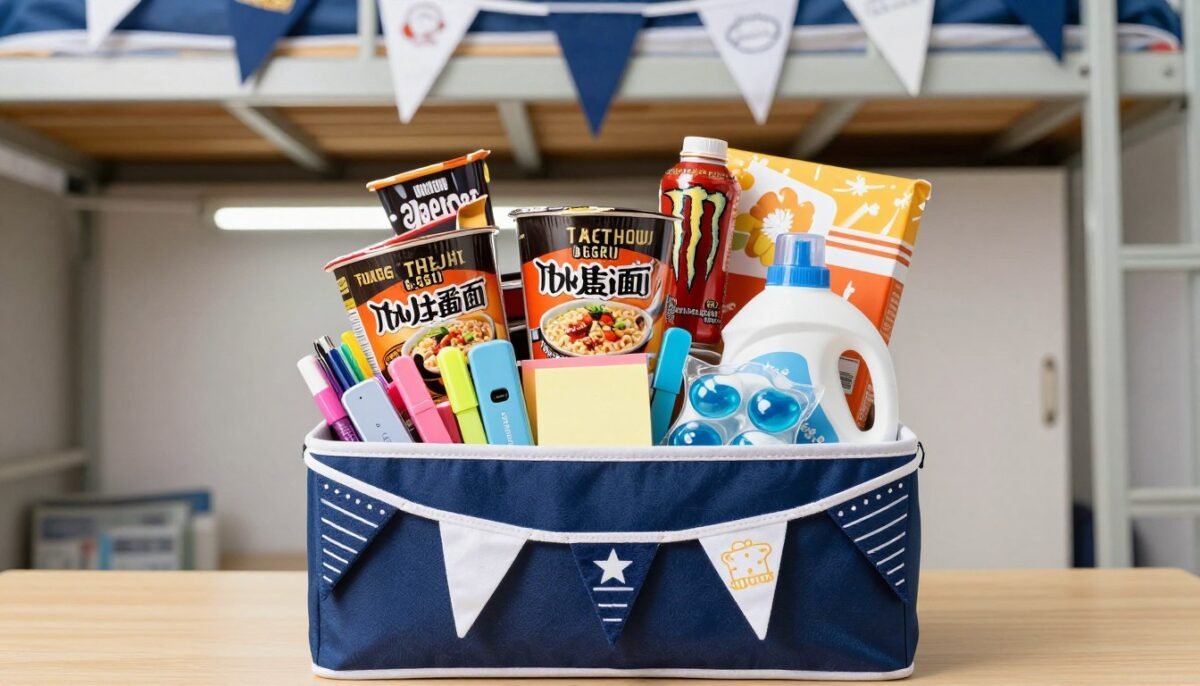 college themed gift basket with school supplies and snacks