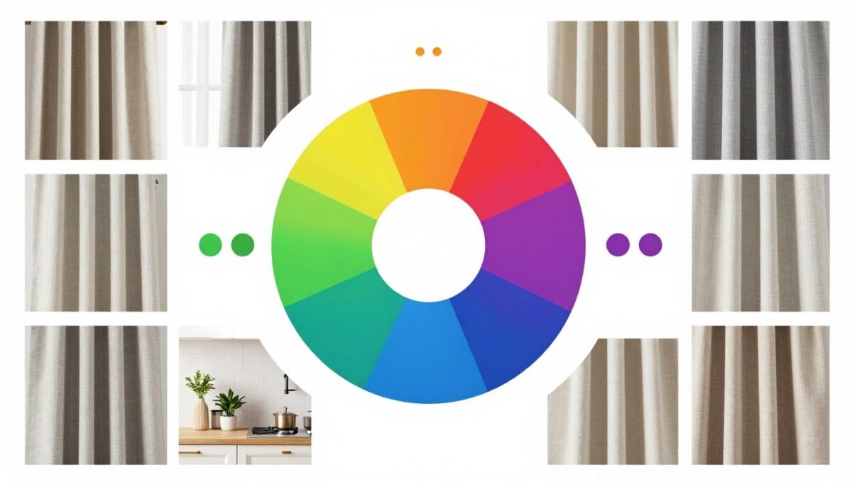 color wheel with kitchen curtain fabric swatches showing coordination principles