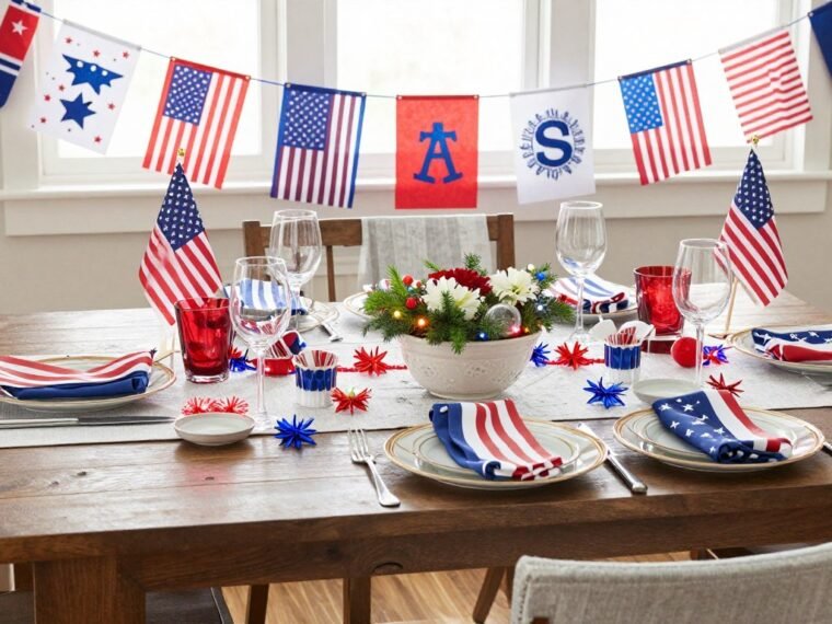 colorful Dollar Store 4th of July Decorations displayed on patriotic table setting