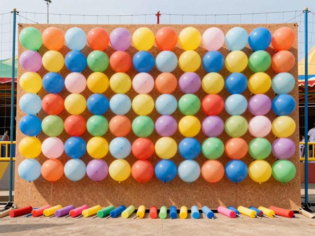 colorful balloons pinned to board for dart throwing carnival game