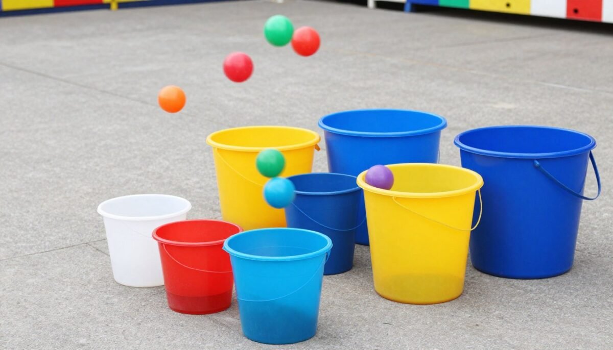 colorful balls bouncing toward buckets in carnival game