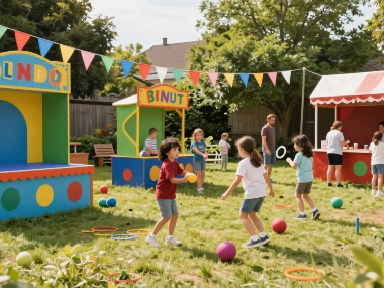colorful homemade carnival games setup at outdoor party with kids playing
