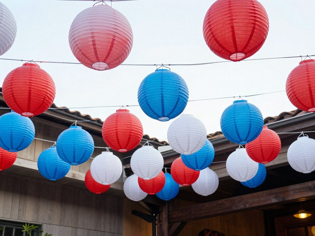 colorful paper lanterns in patriotic colors hanging over outdoor party space