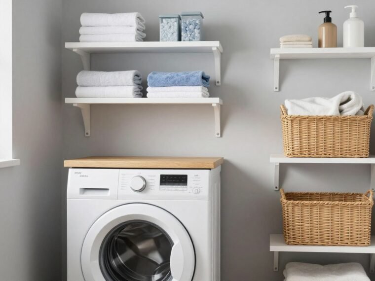 compact laundry room with top loading washer and creative storage solutions