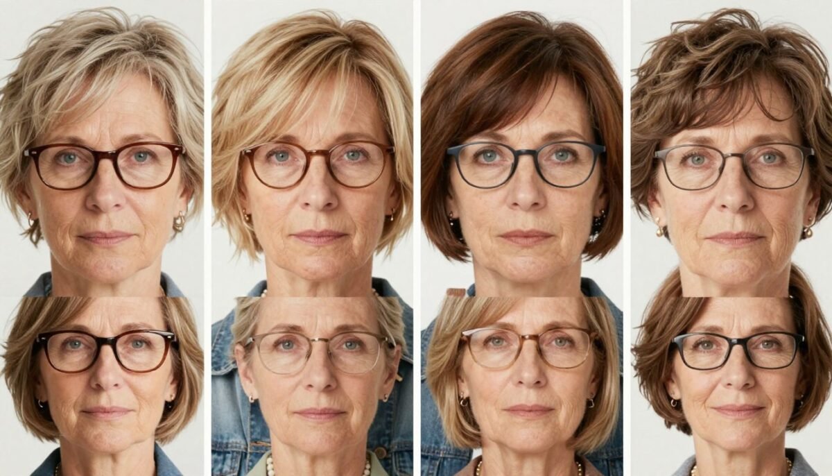 comparison of different short hairstyles with various eyeglass frames