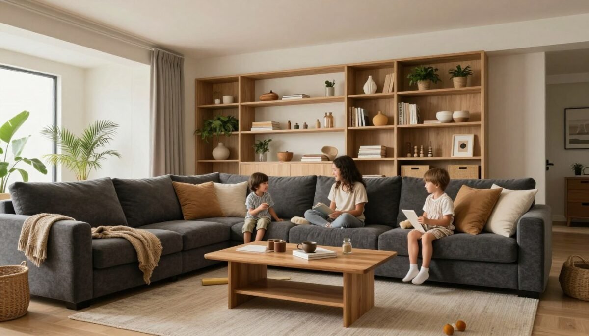 complete dark grey couch living room showcasing multiple cozy family-friendly design ideas