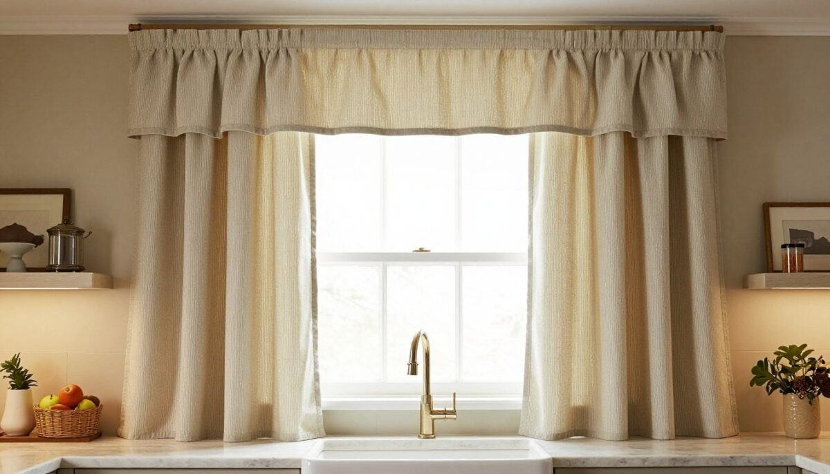 complete kitchen window treatment with tier curtains and valance set over sink