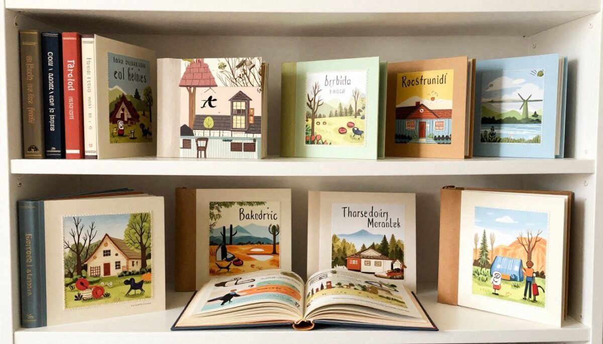 completed scrapbook albums displayed on shelf completed scrapbook albums displayed on shelf