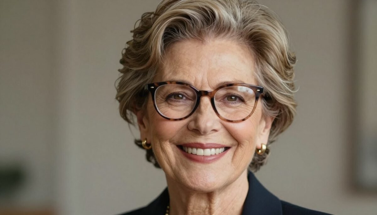 confident woman over 70 with stylish hairstyle and glasses smiling warmly