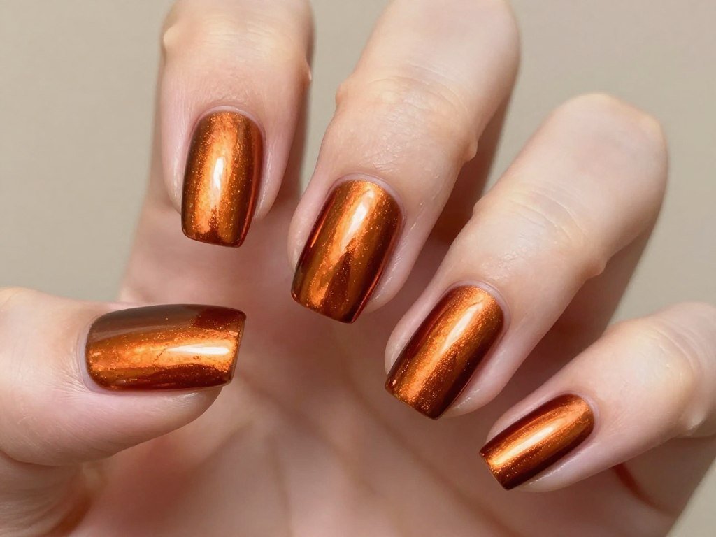 copper metallic summer nails with warm bronze finish