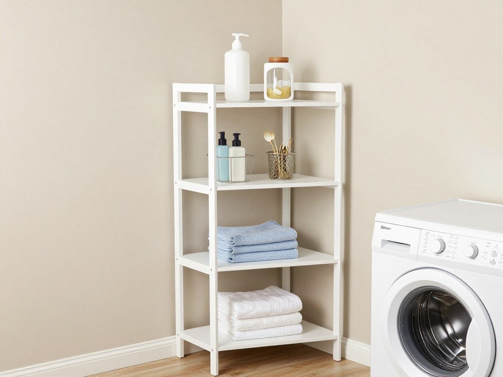 corner shelf unit in small laundry room beside top loading washer