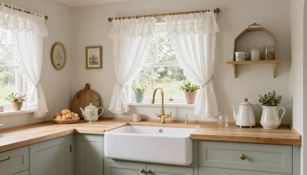 cottage style kitchen with white ruffled curtains over farmhouse sink