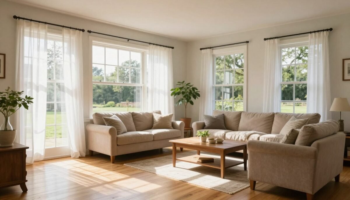 country farmhouse living room with large windows and natural light