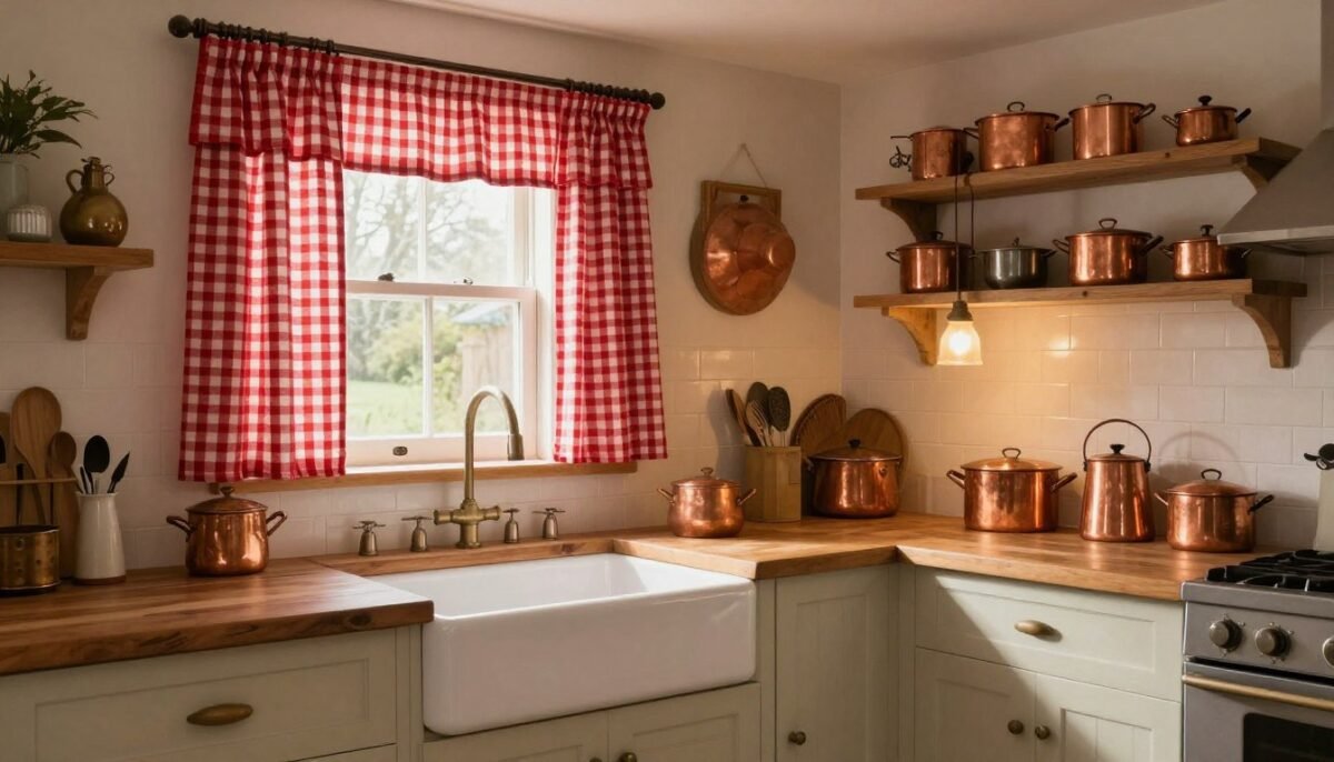 country kitchen with red and white checkered cafe curtains over farmhouse sink