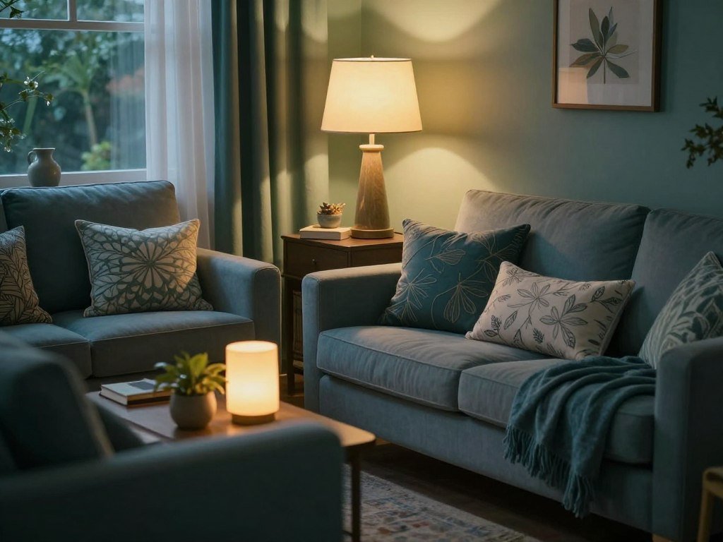 cozy blue and green living room evening ambiance