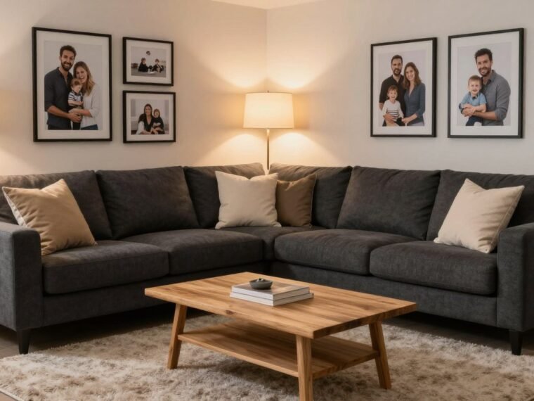 cozy dark grey couch living room with warm lighting and family-friendly decor