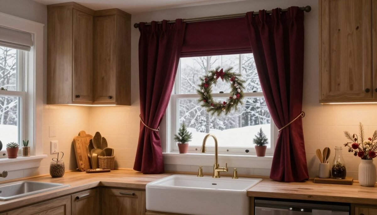 cozy winter kitchen with thermal curtains and warm seasonal decor