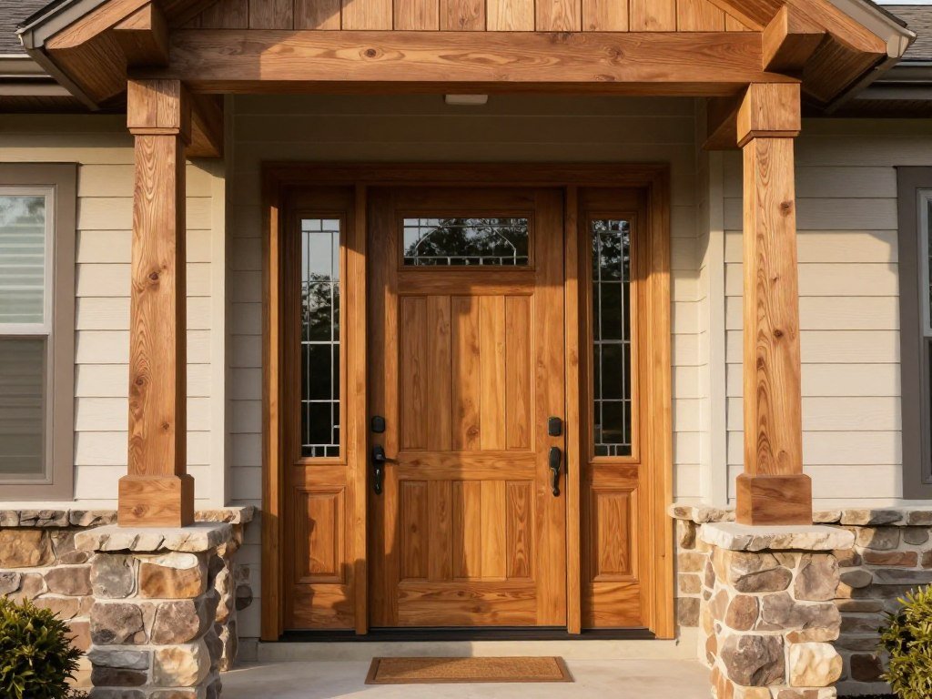 craftsman style front door with mission glass and tapered columns