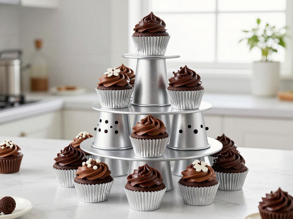 creative DIY cupcake stand made from stacked Dollar Tree cake pans