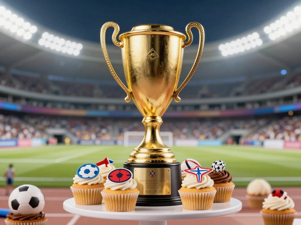 creative sports themed DIY cupcake stand made to look like a trophy with gold finish