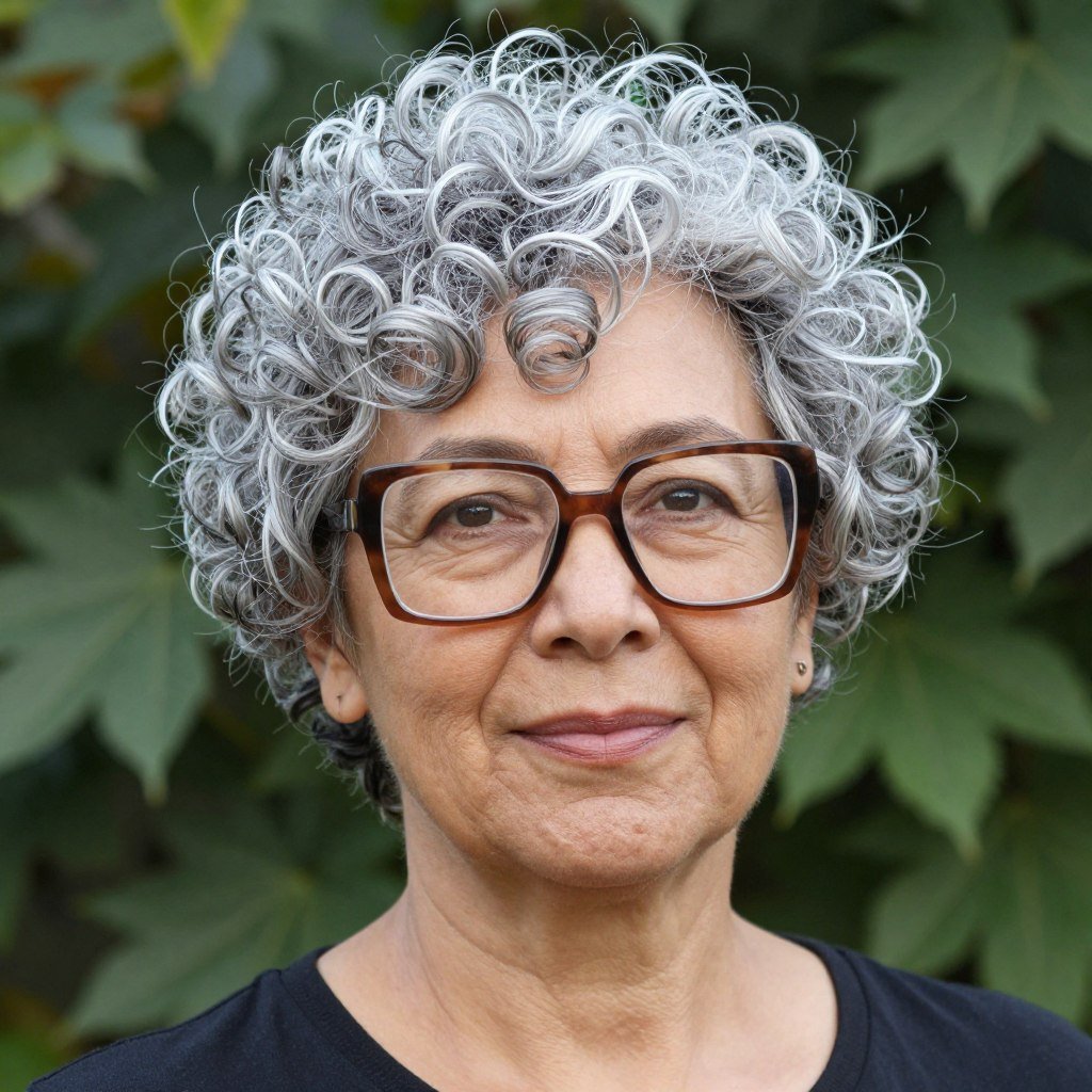 curly pixie cut with oversized square glasses