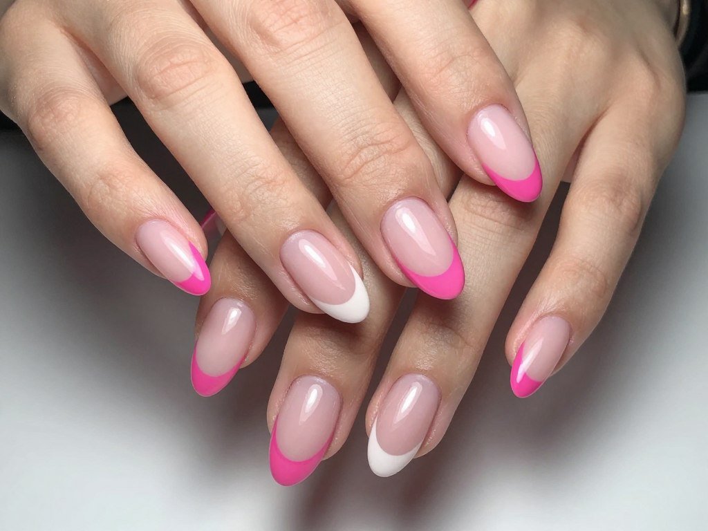 curved pink french tips with exaggerated smile line