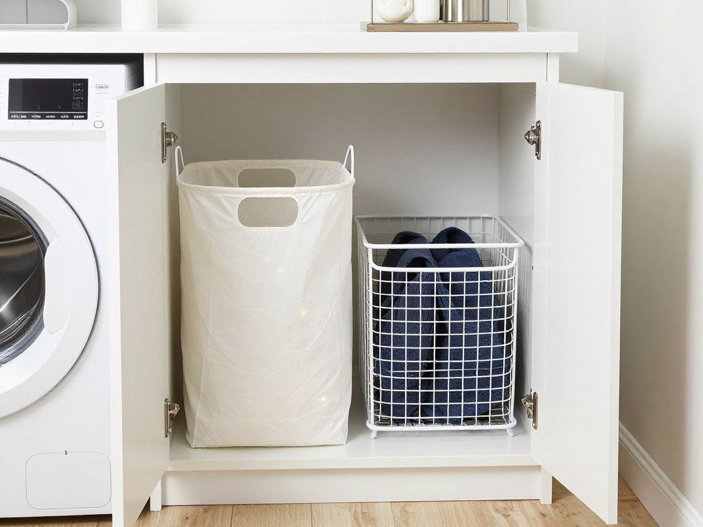 custom cabinet with pull-out laundry hamper beside top loading washing machine