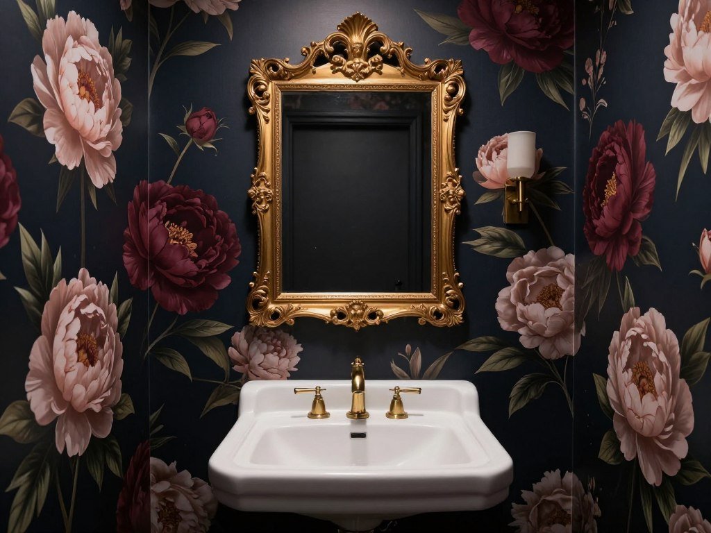 dark floral wallpaper bathroom with oversized peony pattern and gold mirror