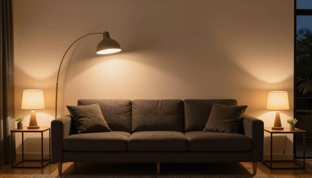 dark grey couch living room with layered lighting including floor lamps and table lamps