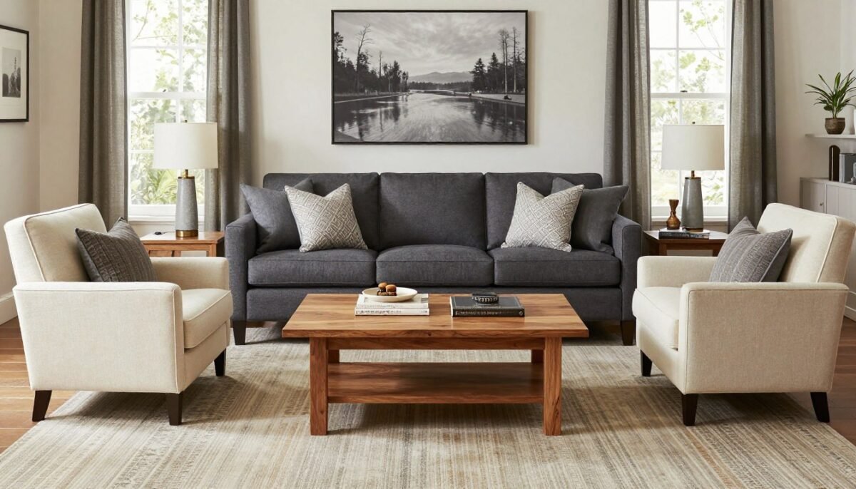 dark grey couch paired with cream accent chairs in living room