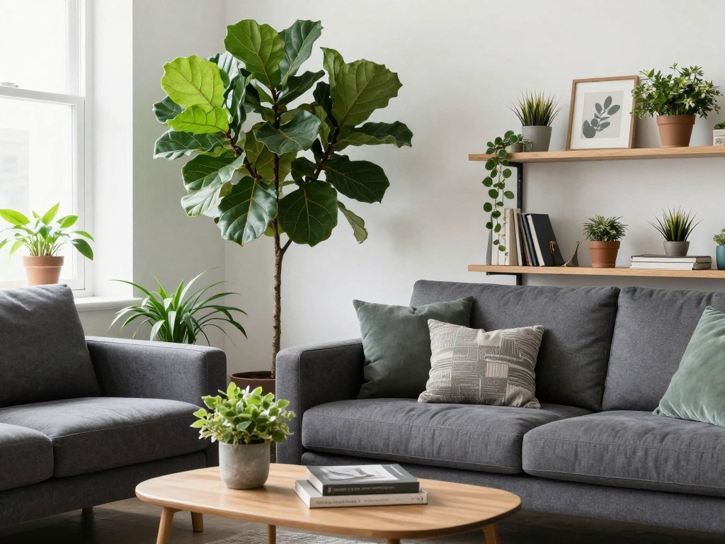 dark grey sofa living room decorated with various indoor plants