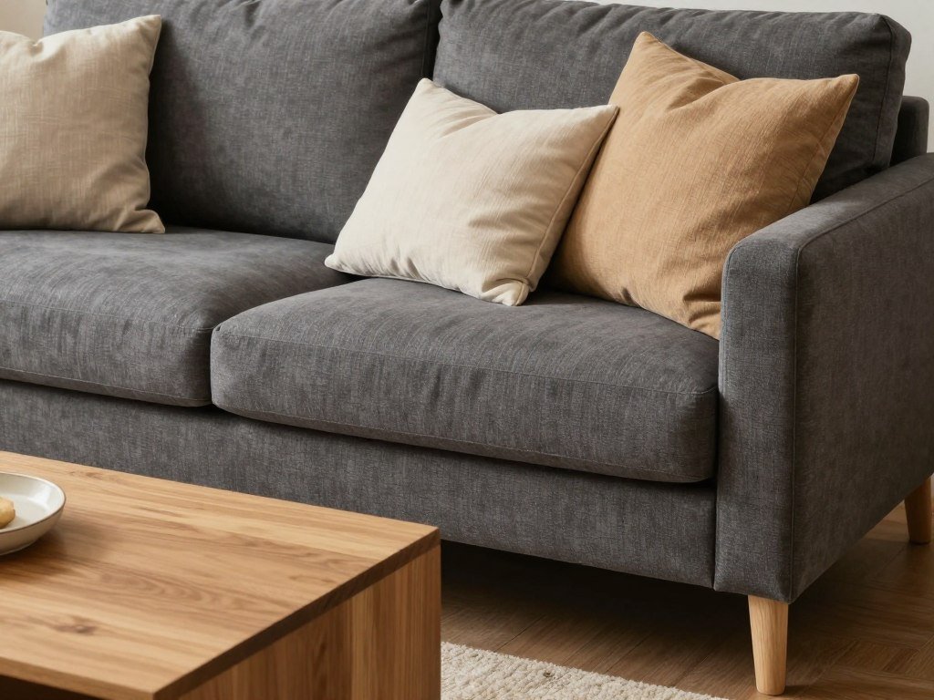 dark grey sofa with warm beige and cream throw pillows and natural wood coffee table