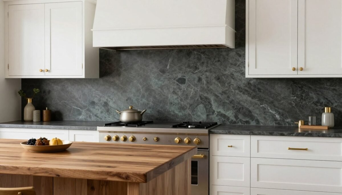 dark soapstone backsplash with natural veining in elegant farmhouse kitchen