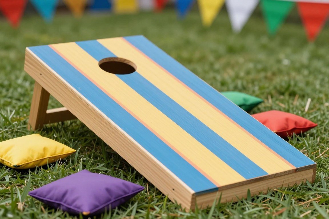 decorated cornhole board with bean bags for carnival toss game