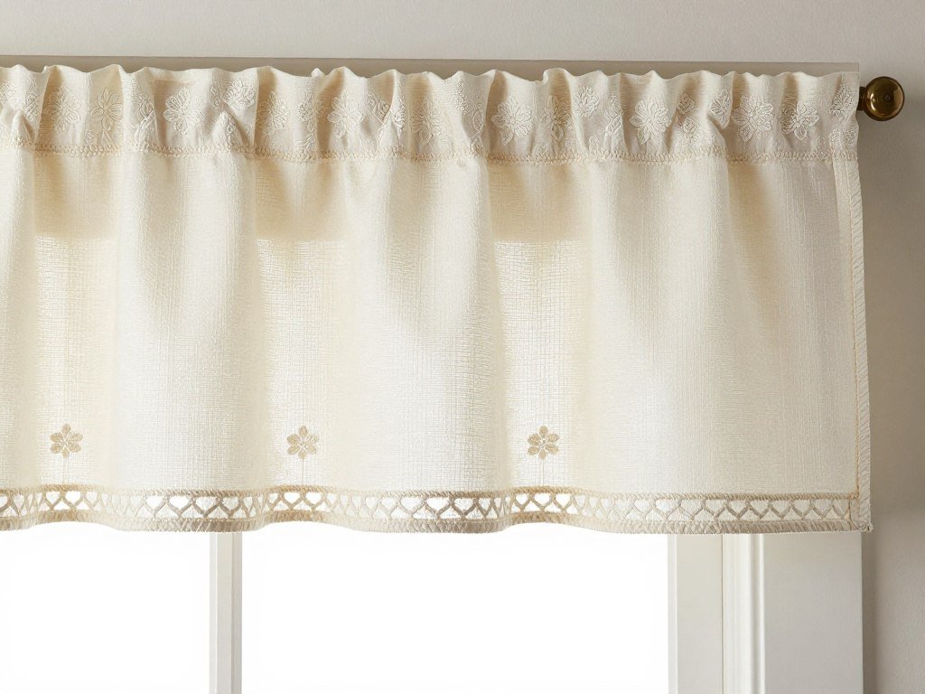 decorative kitchen valance with scalloped edge and floral embroidery detail