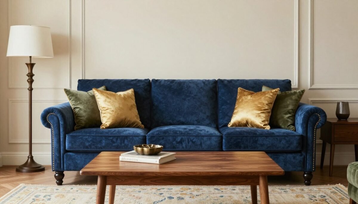 deep blue velvet sofa with olive green accent pillows