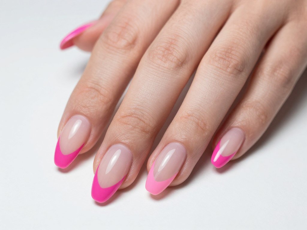 diagonal pink french tips with angled tip line instead of curved