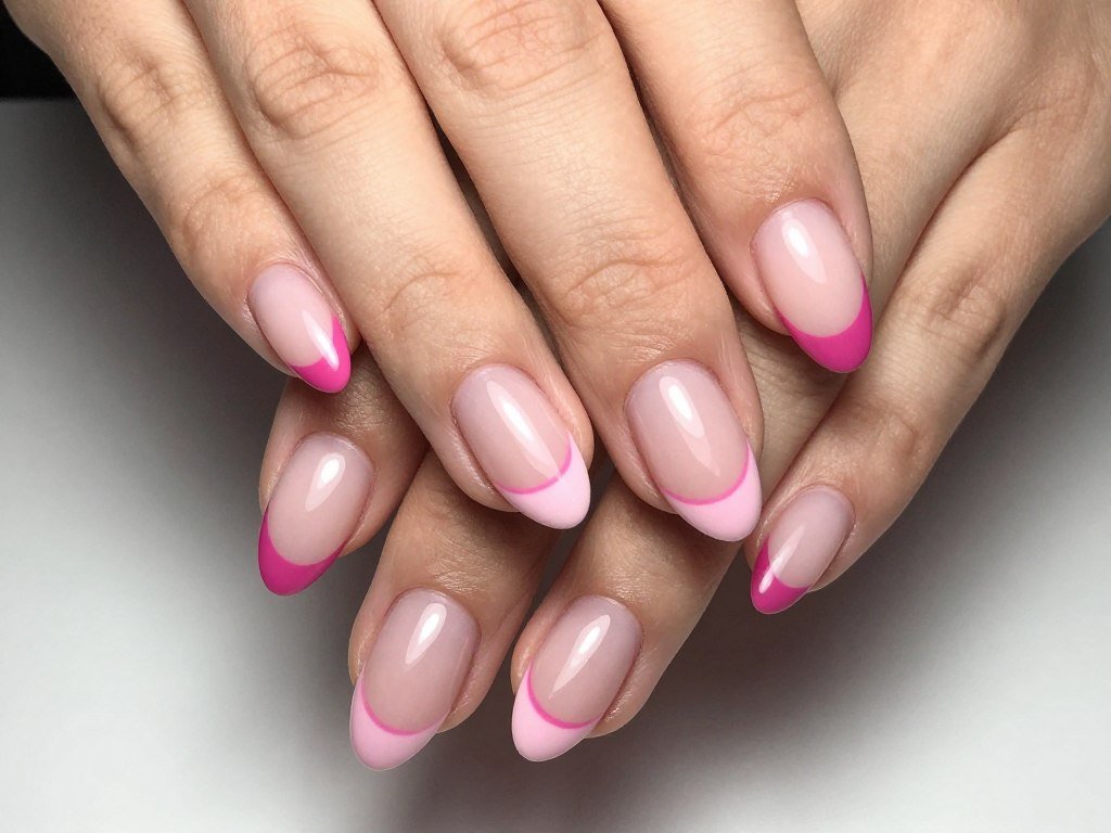 double pink french tips with two parallel pink lines at nail tips
