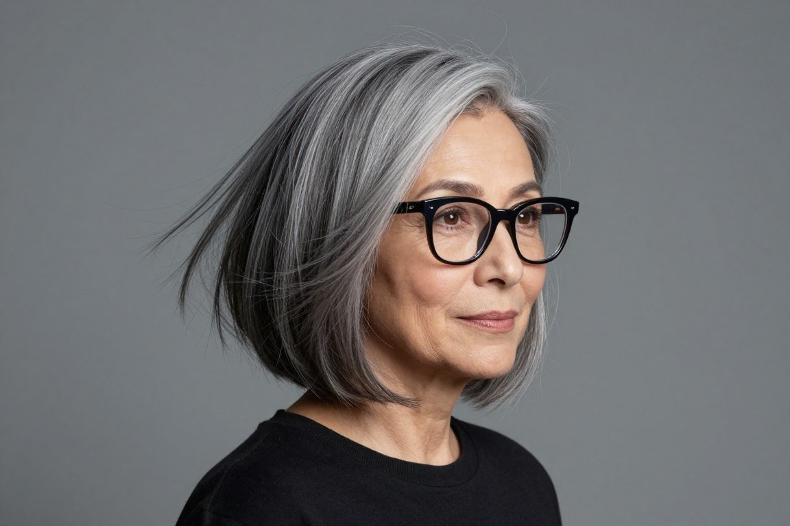 elderly woman with angled bob haircut and trendy glasses