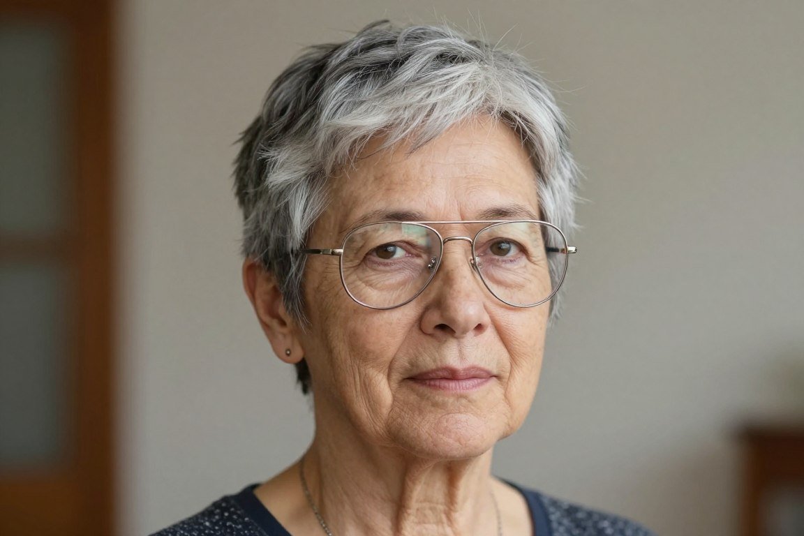 elderly woman with crew cut hairstyle and aviator glasses