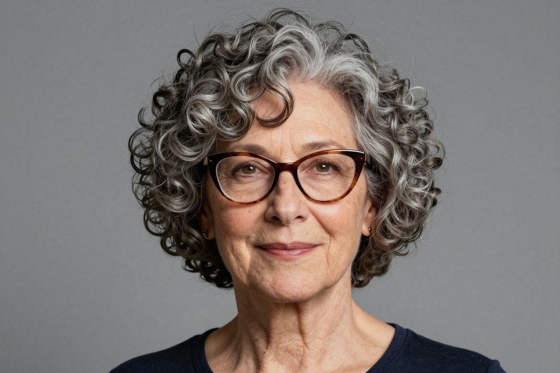 elderly woman with curly pixie bob and cat-eye frames