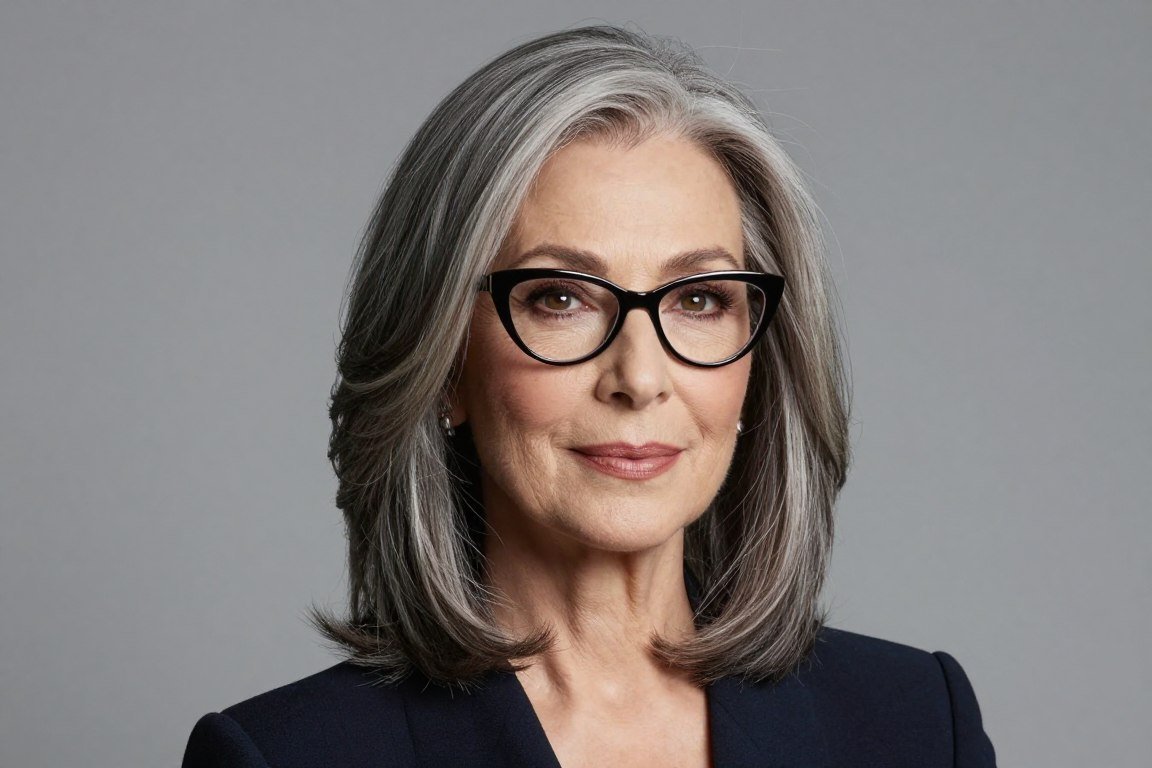 elderly woman with face-framing layers and cat-eye frames
