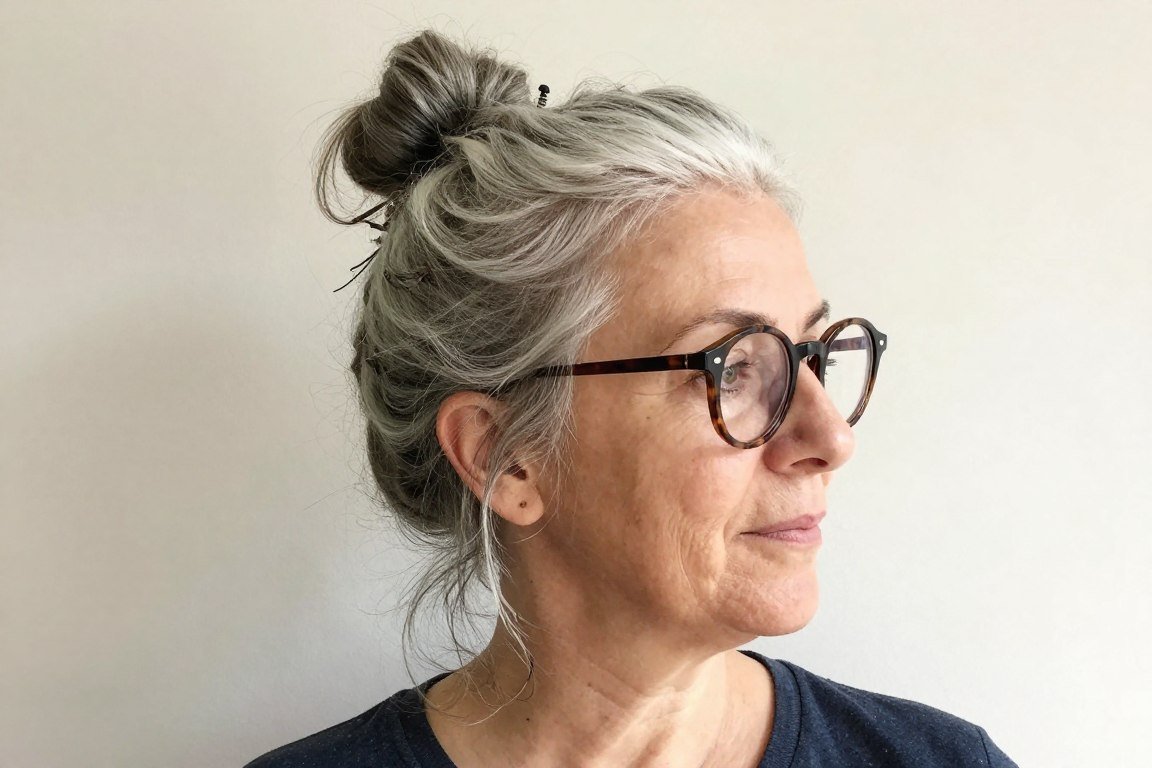 elderly woman with messy bun and round frames